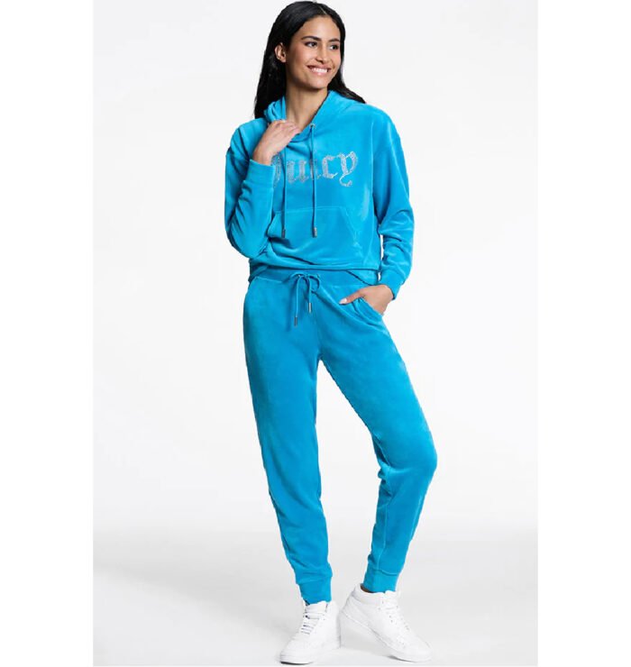 Juicy Couture Logo Big Bling Velour Tracksuit Blue