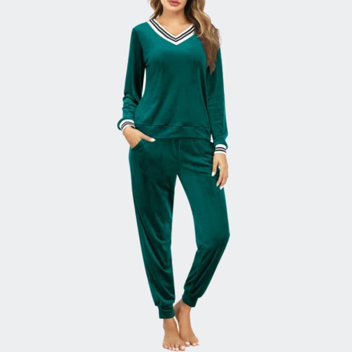 Women’s Velvet Sweatsuit V Neck – Green